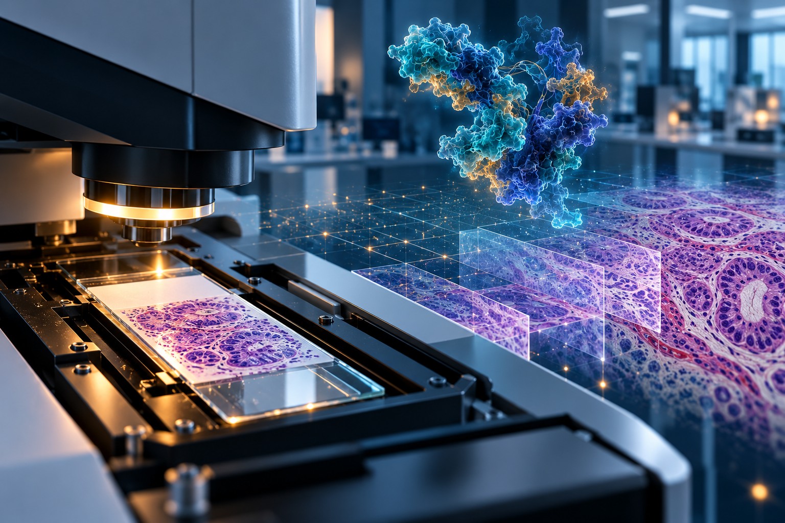 editorial illustration: laboratory, tissue analysis and molecular design. Conceptual imagery; not experimental data.