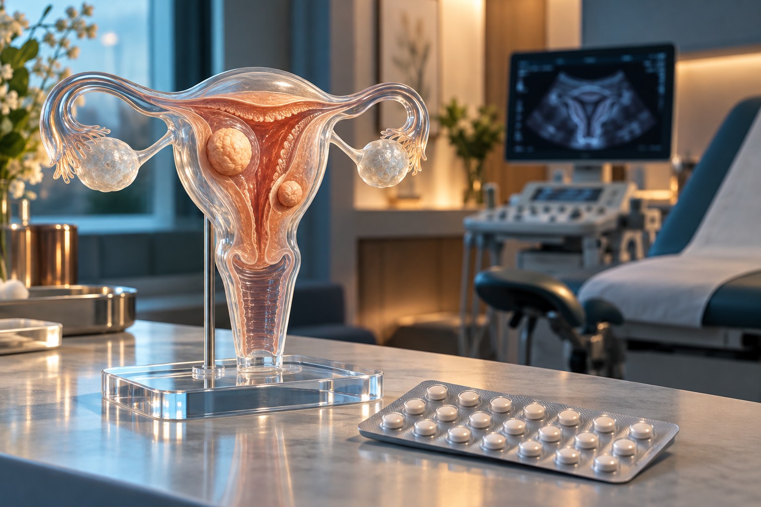 editorial illustration: uterine anatomy model, oral medication and a clinical setting. Anatomy and scale are illustrative; this is not a patient image or diagnostic scan.
